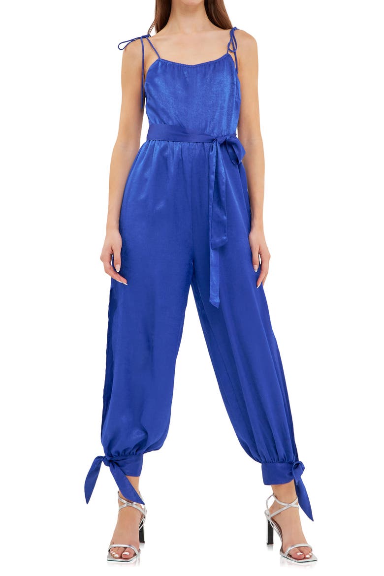 Tie Detail Slit Leg Satin Jumpsuit, Main, color, NAVY