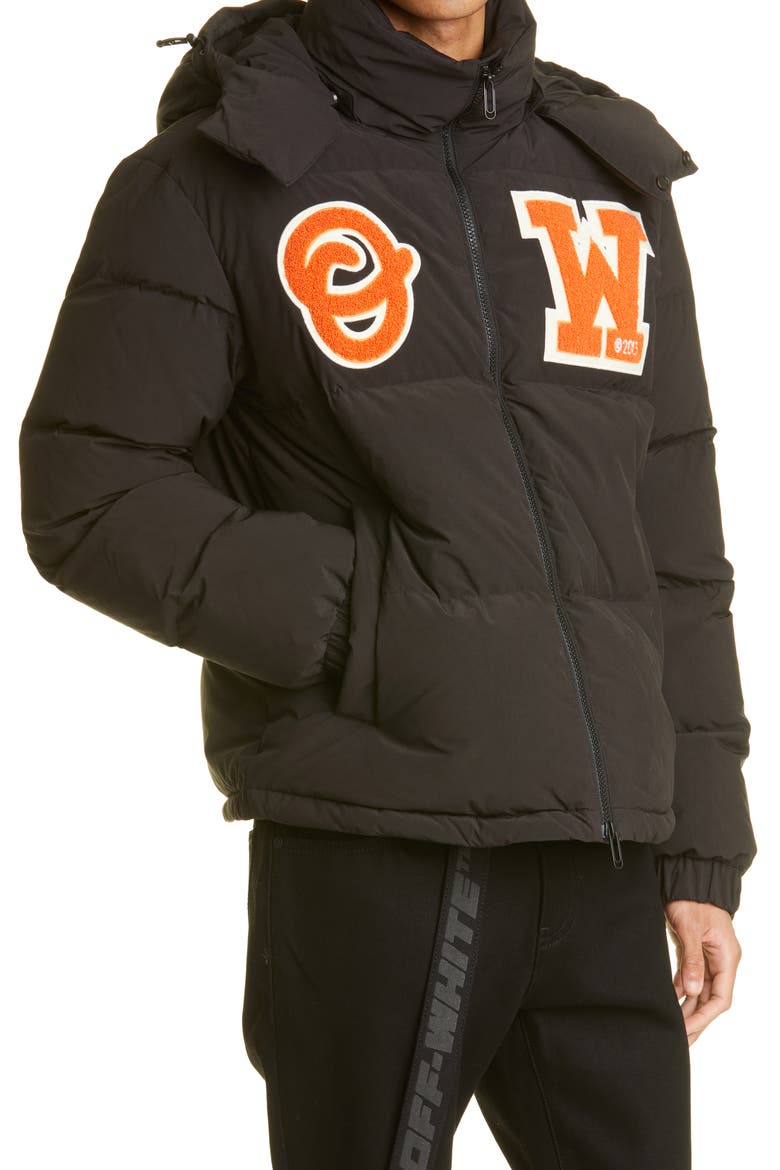 Bouclé Patch Down & Feather Fill Hooded Puffer Jacket, Alternate, color, BLACK