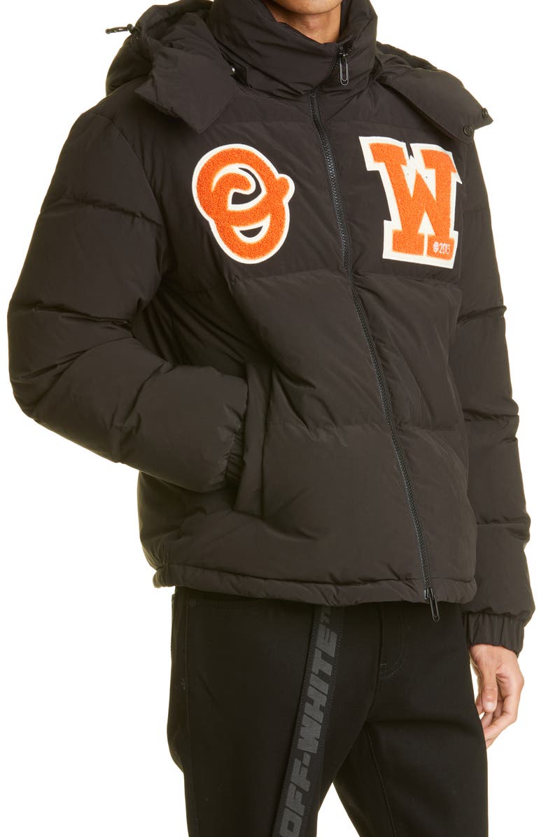 Off-White Bouclé Patch Down & Feather Fill Hooded Puffer Jacket, Alternate, color, 