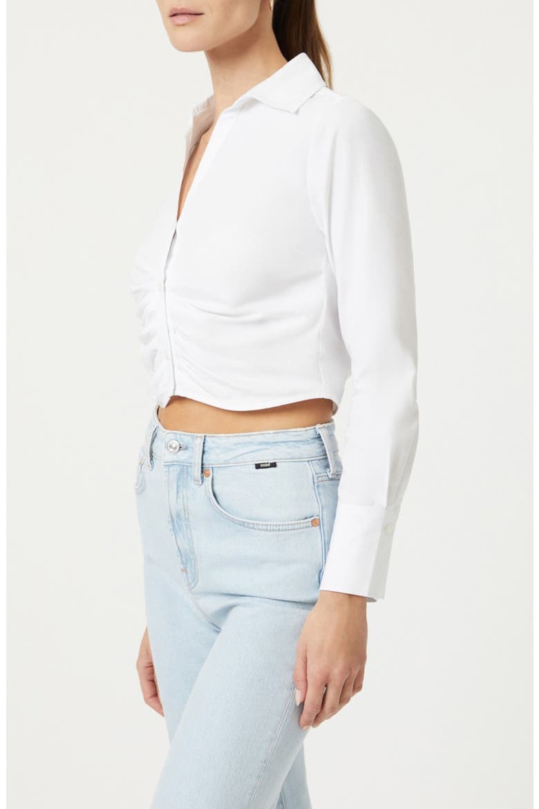 Ruched Crop Cotton Button-Up Shirt, Alternate, color, WHITE
