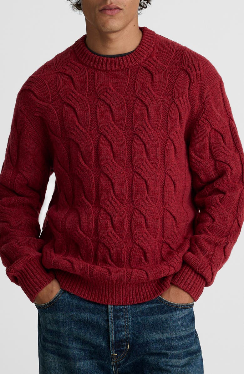 Madewell Crewneck Cable Knit Wool Blend Sweater, Main, color, Heather Garnet