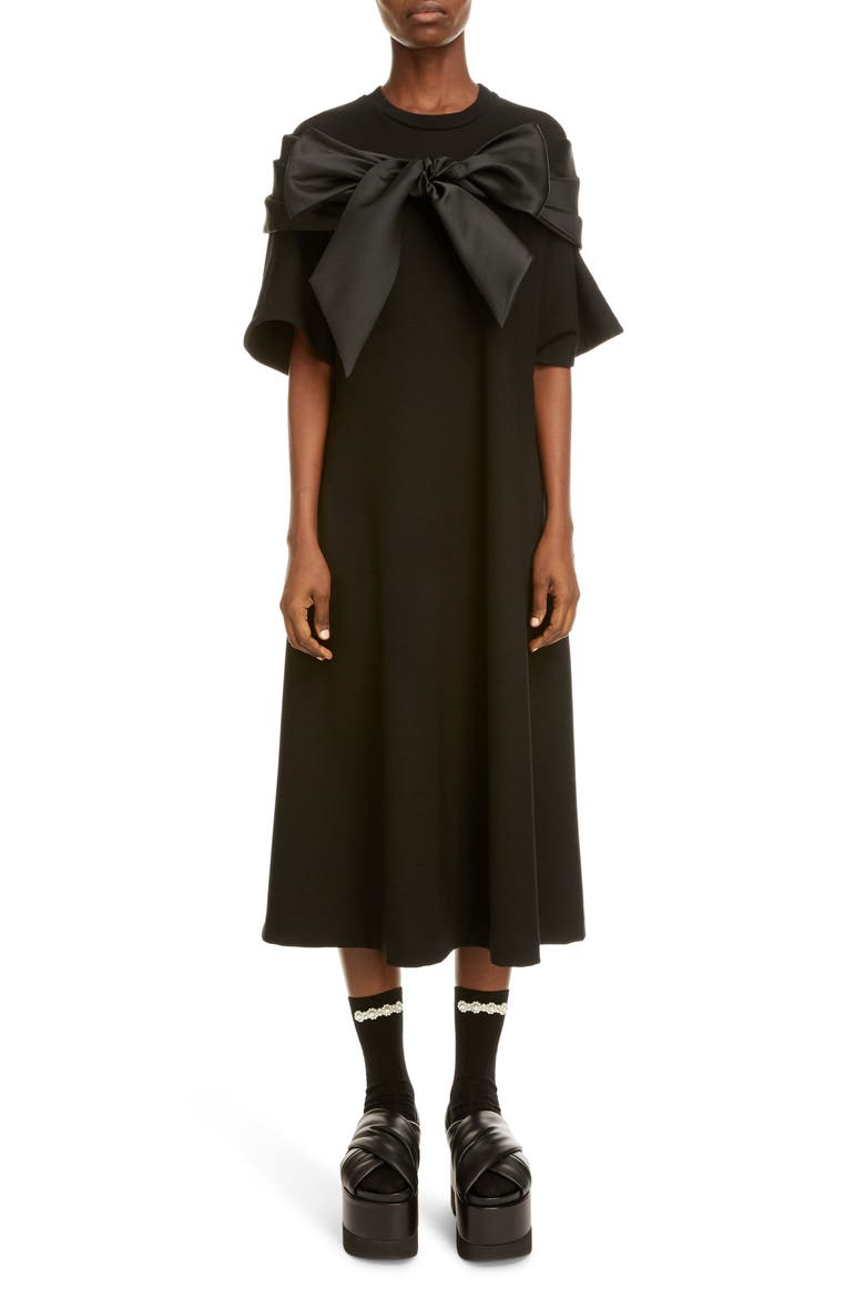 Bow Detail Midi T-Shirt Dress, Main, color, BLACK