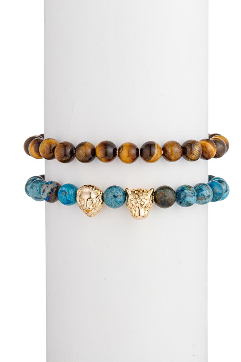 Men's Set of 2 Lion Leopard Agate Stretch Bracelets, Alternate, color, GOLD