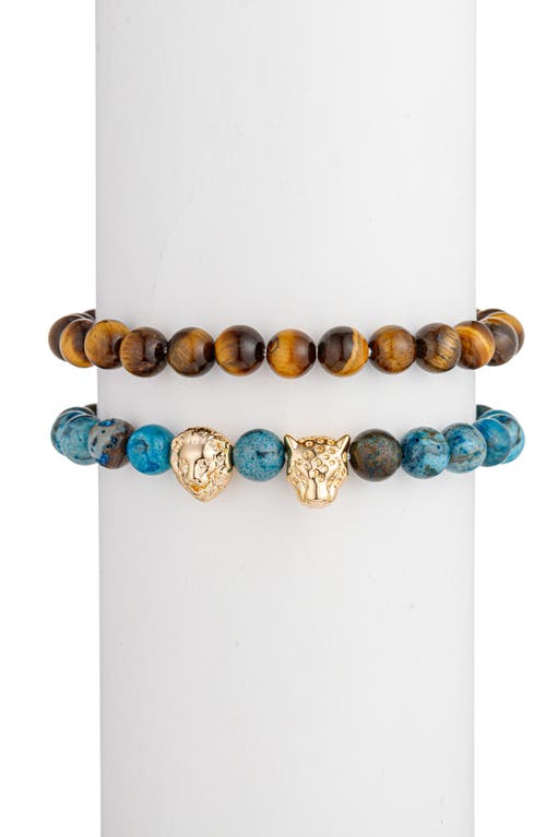 Eye Candy Los Angeles Set Of 2 Lion Leopard Agate Stretch Bracelets In Gold