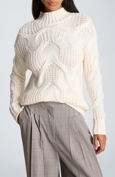 Oversized Cable Knit Mock Neck Sweater