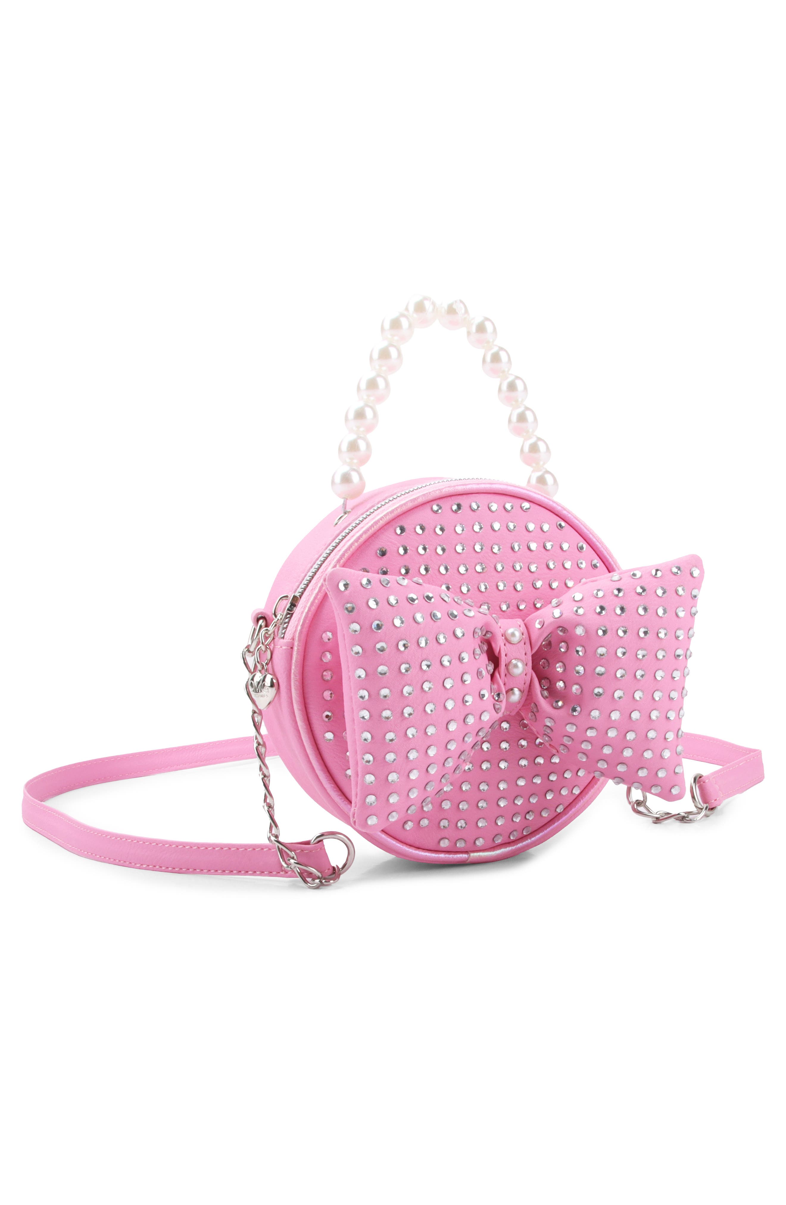 OMG Accessories Kids' Stone Bow & Pearl Handle Crossbody Bag, Alternate, color, Peony