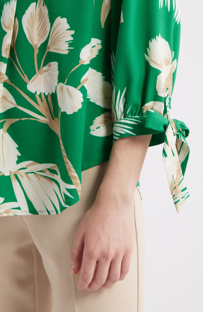Anne Klein Palm Print Tie Cuff Crepe Top, Alternate, color,
