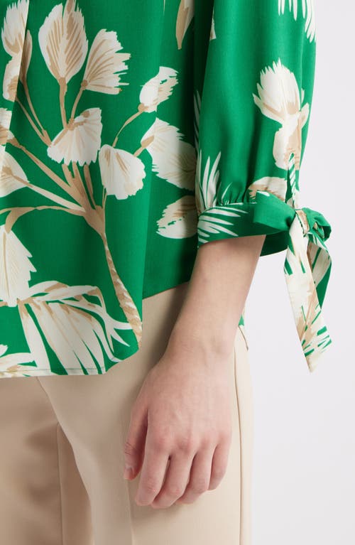 Anne Klein Palm Print Tie Cuff Crepe Top In Tropical Green Multi