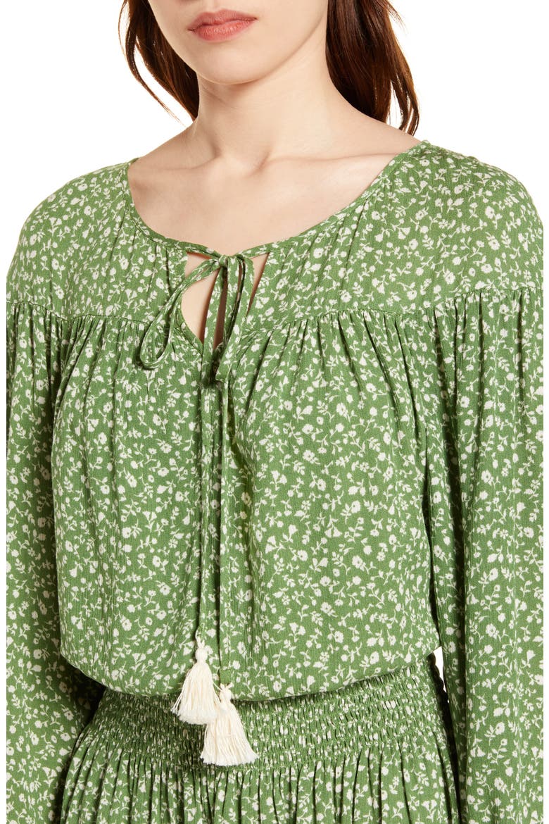Floral Smocked Waist Long Sleeve Minidress, Alternate, color, OLIVE CREAM FLORAL