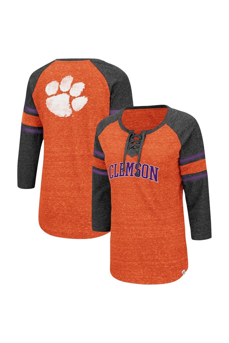 Women's Colosseum Orange/Heathered Charcoal Clemson Tigers Scienta Pasadena Raglan 3/4 Sleeve Space Dye Lace-Up T-Shirt, Alternate, color, Orange