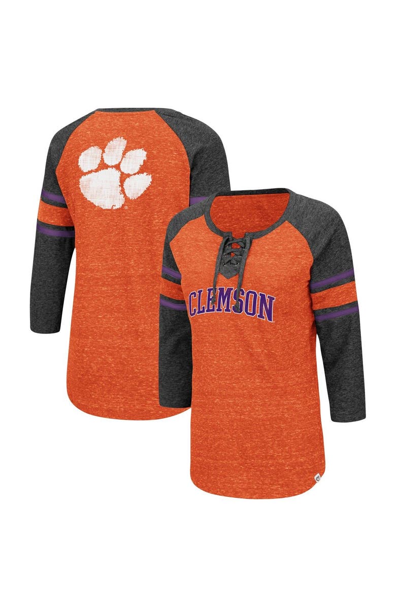 COLOSSEUM Women's Colosseum Orange/Heathered Charcoal Clemson Tigers Scienta Pasadena Raglan 3/4 Sleeve Space Dye Lace-Up T-Shirt, Alternate, color, 