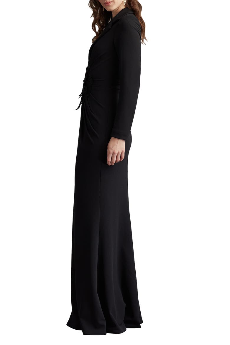 Embroidered Crepe Flower Long Sleeve Body-Con Gown, Alternate, color, BLACK