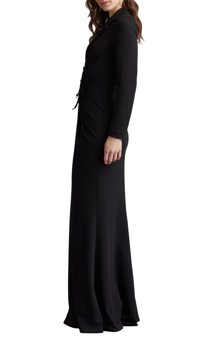 Tadashi Shoji Embroidered Crepe Flower Long Sleeve Body-Con Gown, Alternate, color, Black