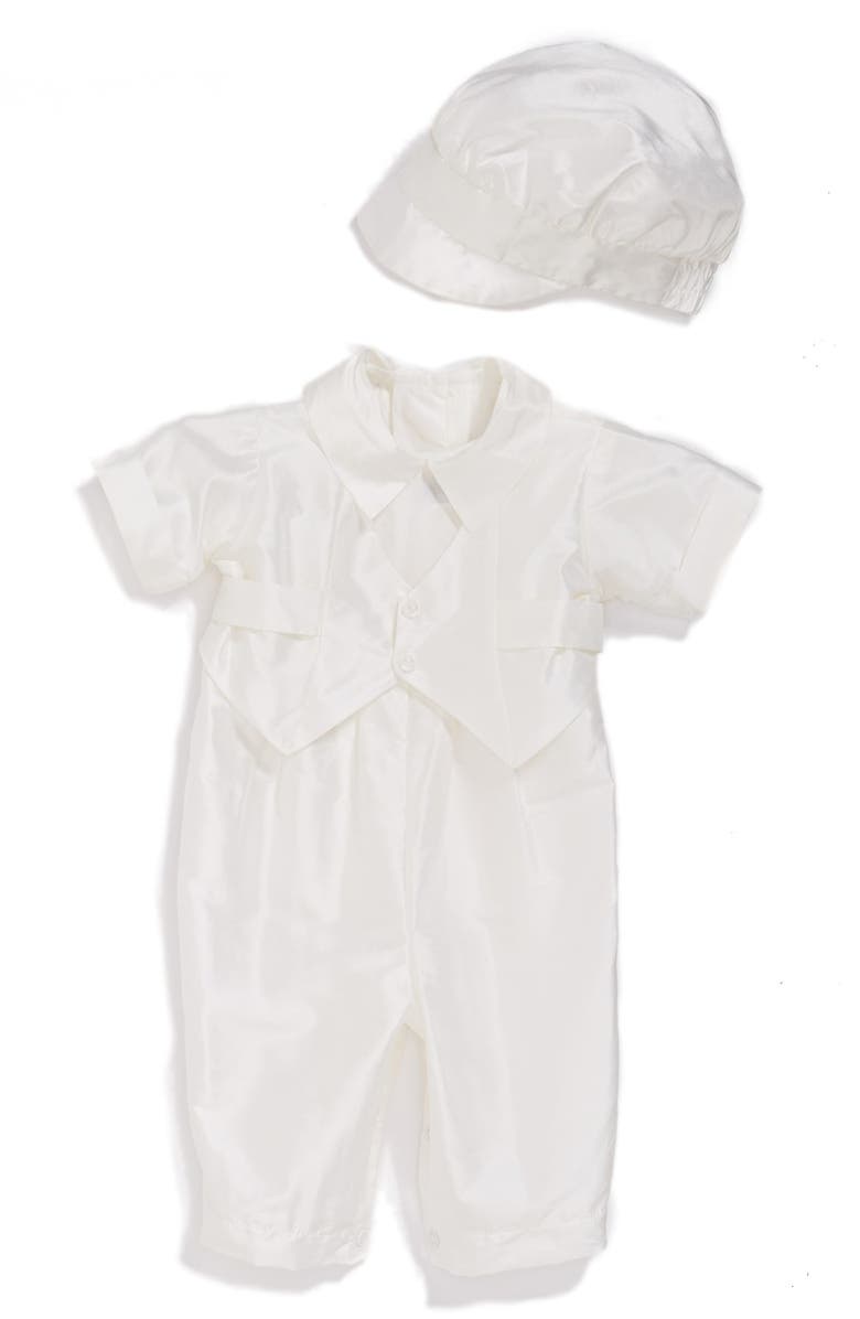Little Things Mean a Lot Silk Dupioni Romper and Hat Set, Main, color, 