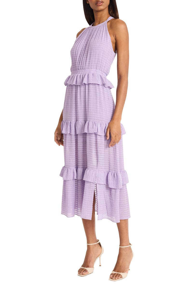 DONNA MORGAN FOR MAGGY Halter Neck Ruffle Tiered Midi Dress, Alternate, color, Lilac