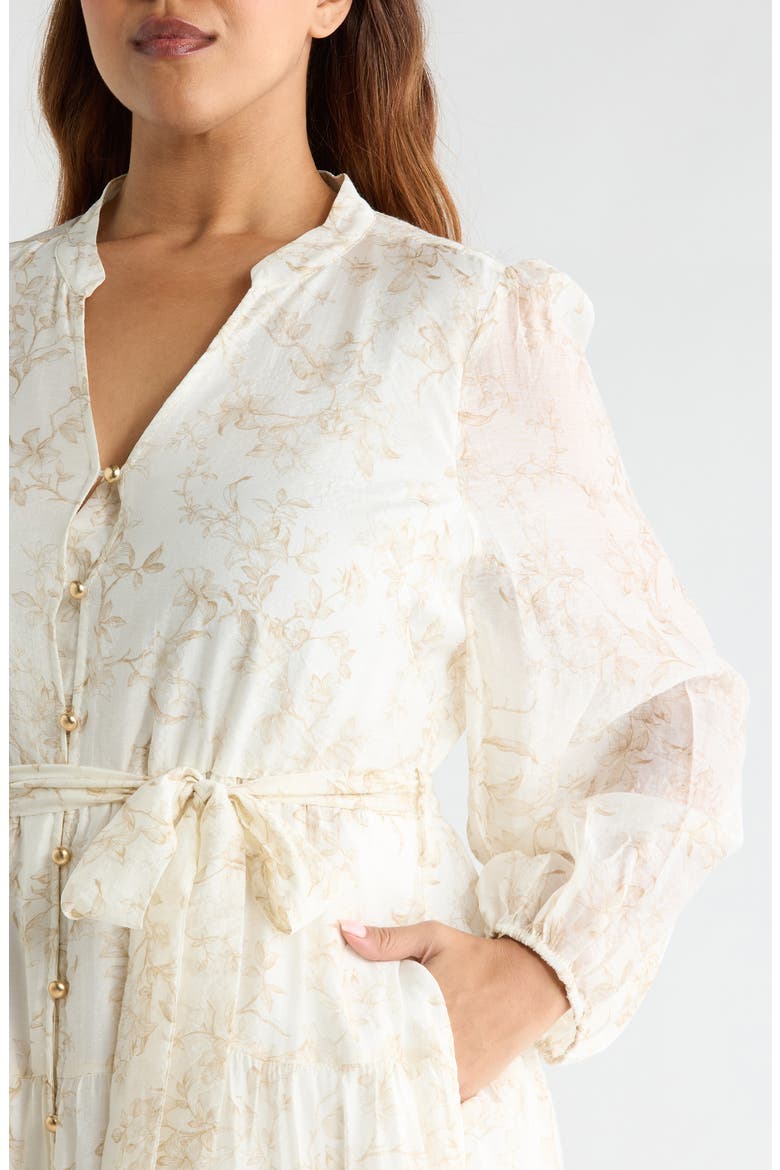 Floral Long Sleeve Tiered Shirtdress, Alternate, color, CAMEL