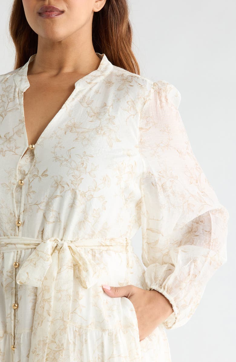 Vince Camuto Floral Long Sleeve Tiered Shirtdress, Alternate, color, Camel