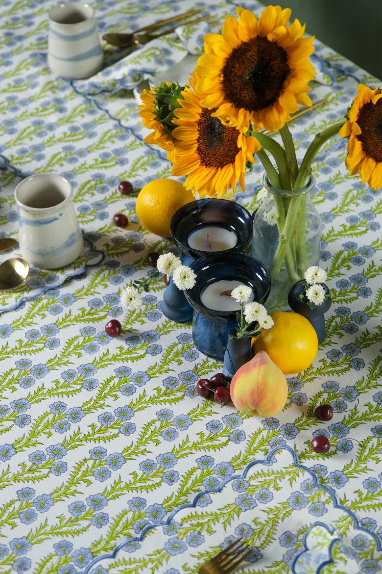 Forget-Me-Not Scallop Embroidered Blockprint Tablecloth, Alternate, color, 70x120