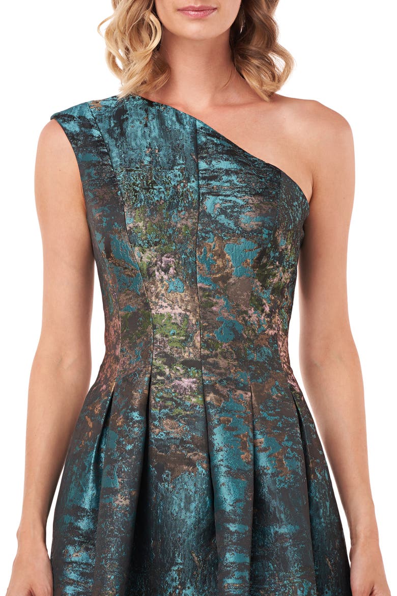 Cara Metallic Jacquard One-Shoulder Gown, Alternate, color, TEAL MULTI