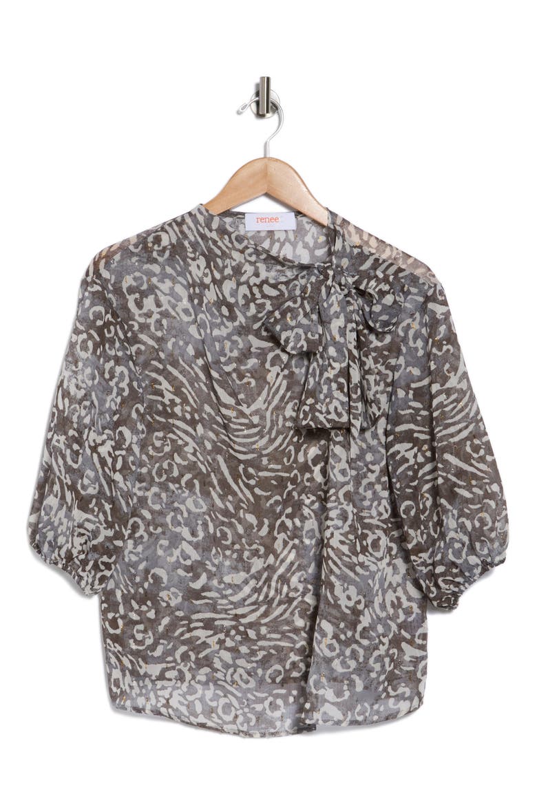 Animal Print Tie Neck Top, Alternate, color, CHARCOAL