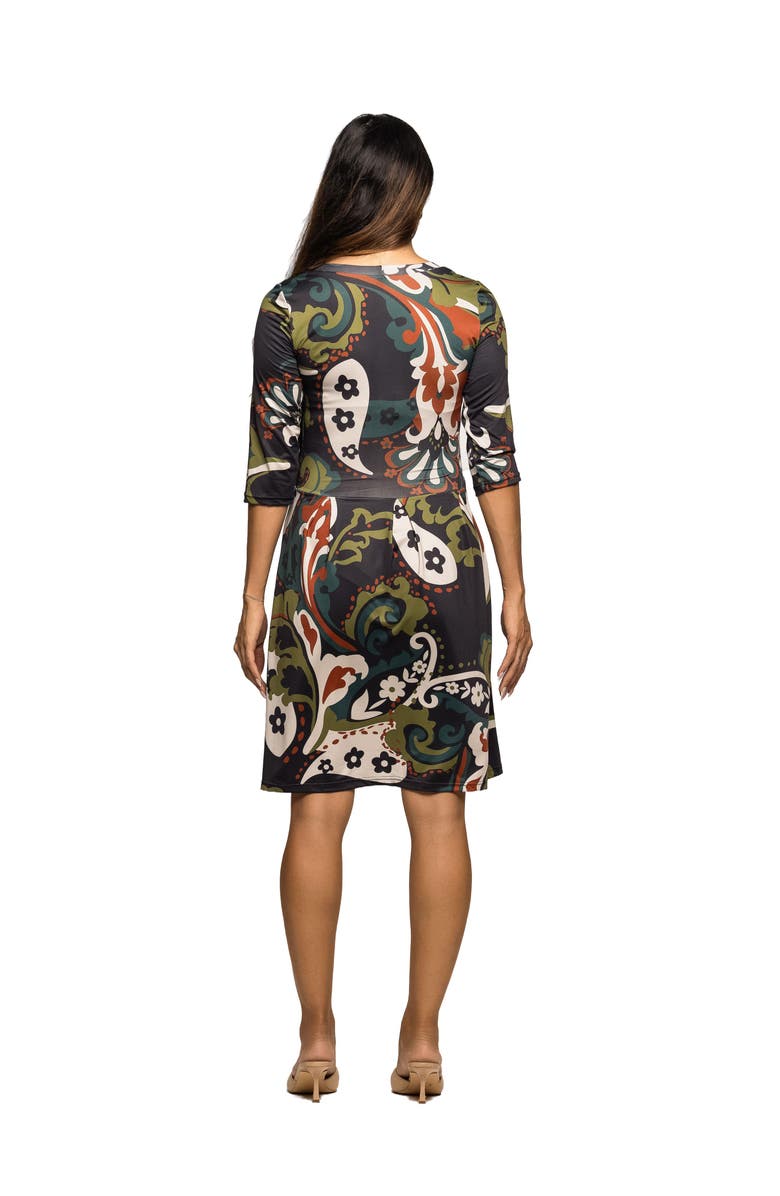 24seven Comfort Apparel Three Quarter Sleeve Fit and Flare Dress in Paisley Print, Alternate, color, Green Multi