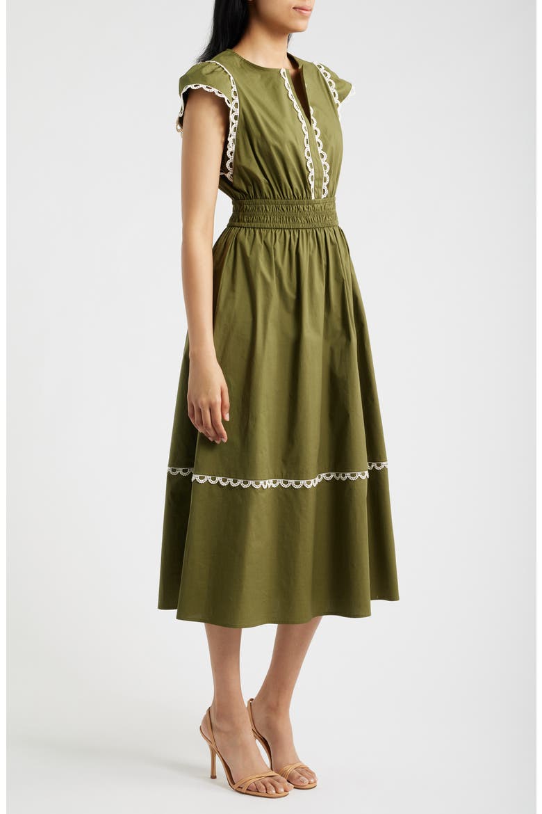 Scallop Cap Sleeve Midi Dress, Alternate, color, IVY / WHITE DOVE