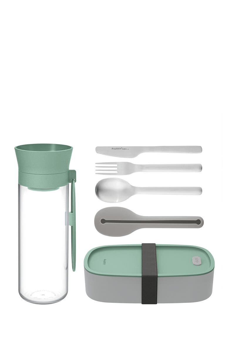 BergHOFF Leo Bento Box 3-Piece Flateware Water Bottle Lunch Set, Main, color, Mint/Grey