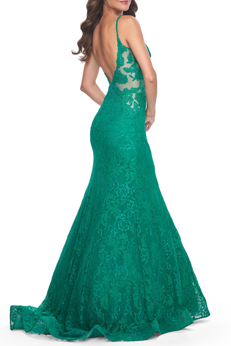 Long Mermaid Lace Dress with Back Rhinestone Detail, Alternate, color, Jade