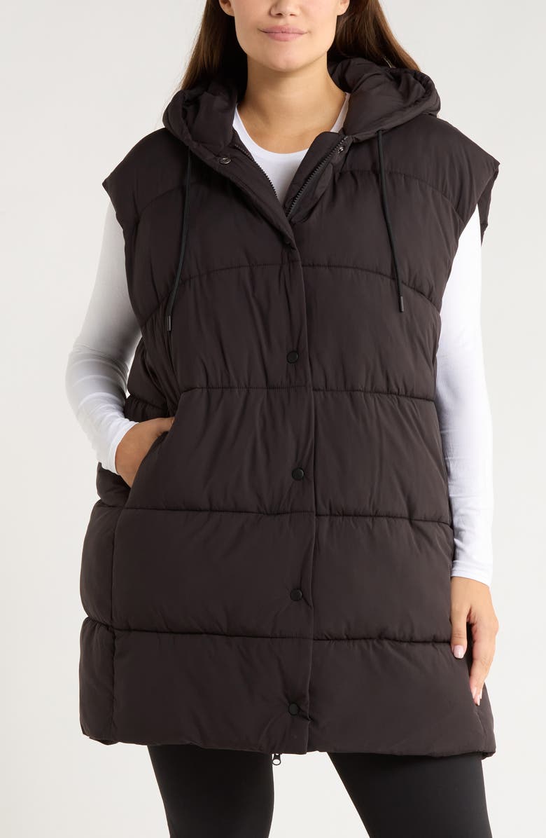 Zella Longline Hooded Puffer Vest, Alternate, color, Black