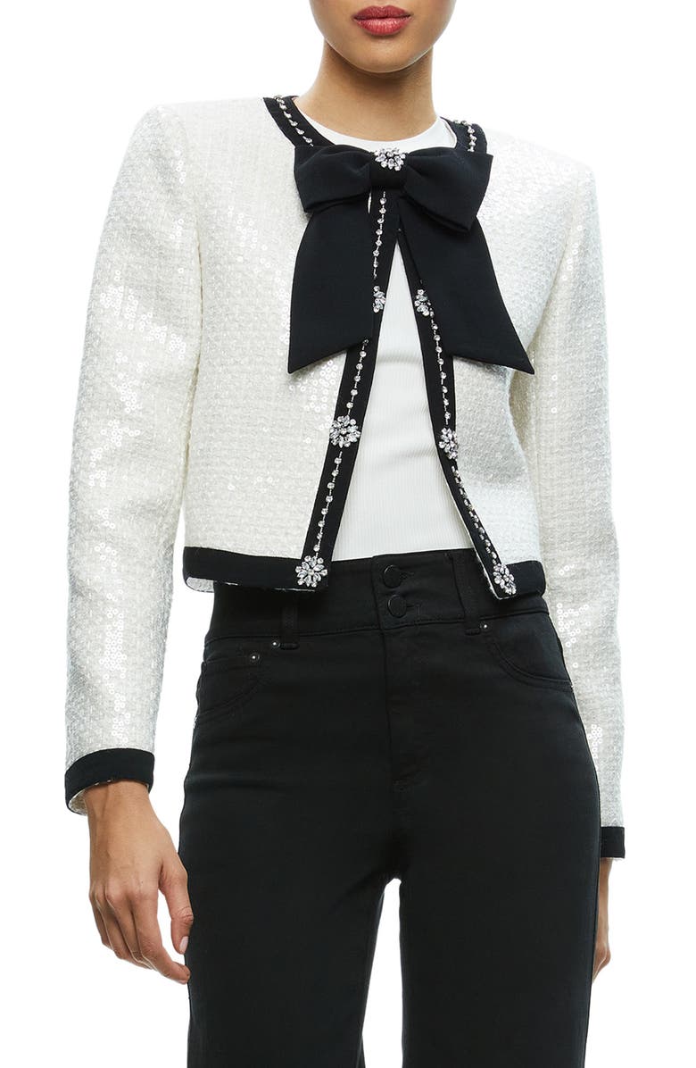 Alice + Olivia Gwyneth Rhinestone Detail Tweed Jacket, Main, color,