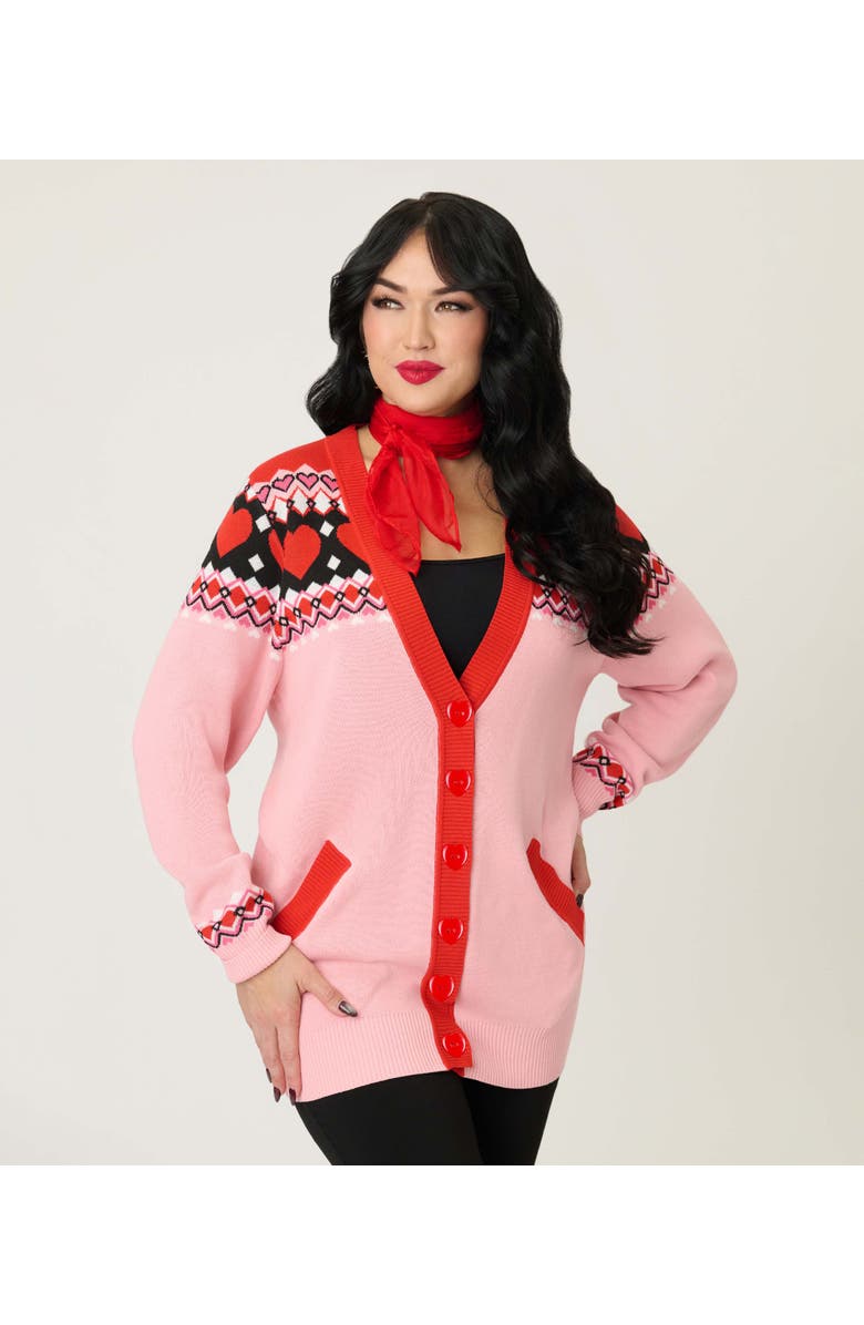 Unique Vintage Printed Knit Long Cardigan, Main, color, Pink Fair Isle Print