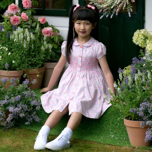 Rachel Riley Girl's Ditsy Smocked Button-front Dress And Bloomers Set In Pink