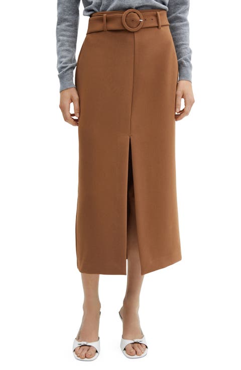 Belted Front Slit Midi Skirt
