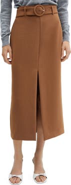 MANGO Belted Front Slit Midi Skirt