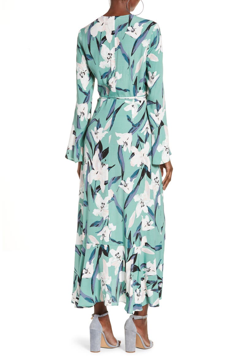 Bell Sleeve Wrap Midi Dress, Alternate, color, GREEN WING ROMANTIC FLR