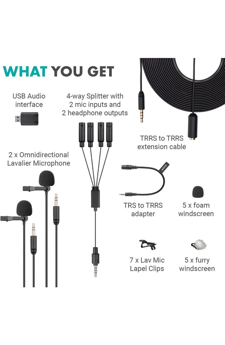 MOVO VersaLav-V2 Lavalier Microphone Set for Smartphones, Computer, DSLR or Mirrorless Camera, Alternate, color, Black
