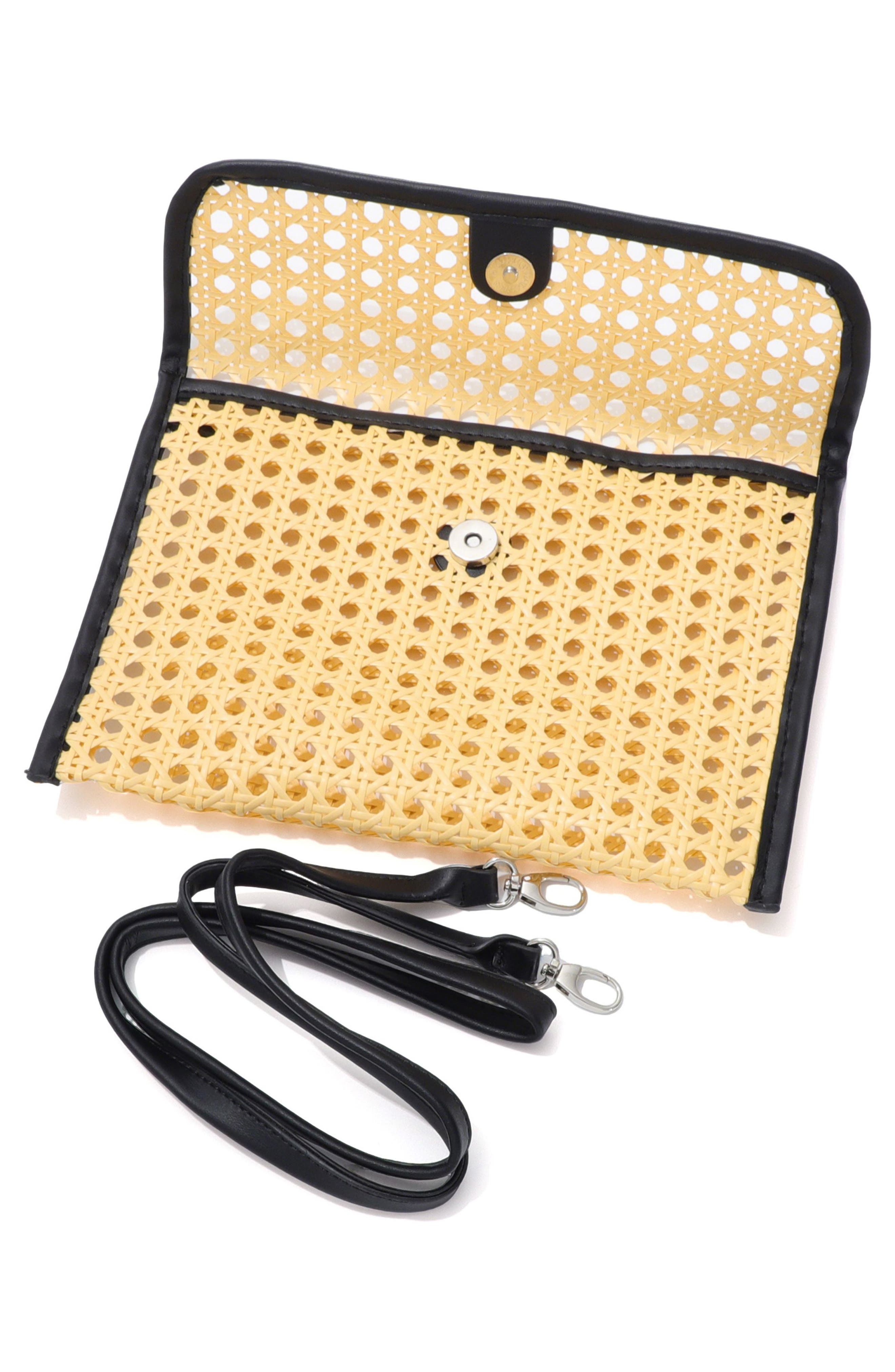 Rattan and Faux Leather Clutch, Alternate, color, BLACK/ TAN