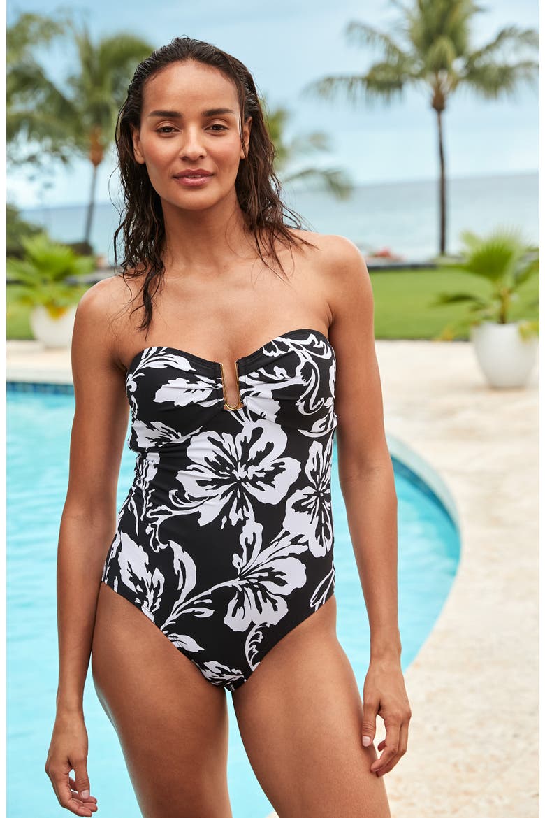 Sunset Blooms Underwire UPF 50+ One-Piece Swimsuit, Alternate, color, BLACK