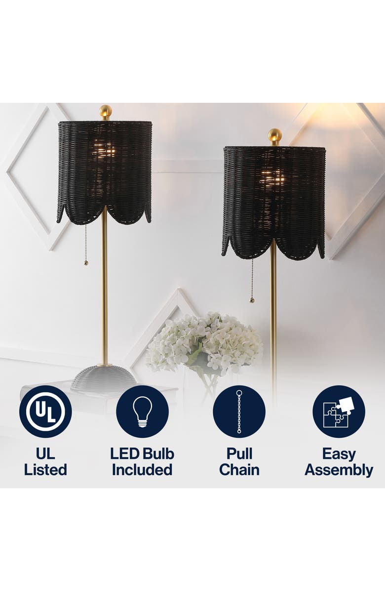 JONATHAN Y Celerie 27.5" Coastal Bohemian Rattan/Iron Scalloped Buffet LED Table Lamp with Pull Chain, Alternate, color, Black/Brass Gold