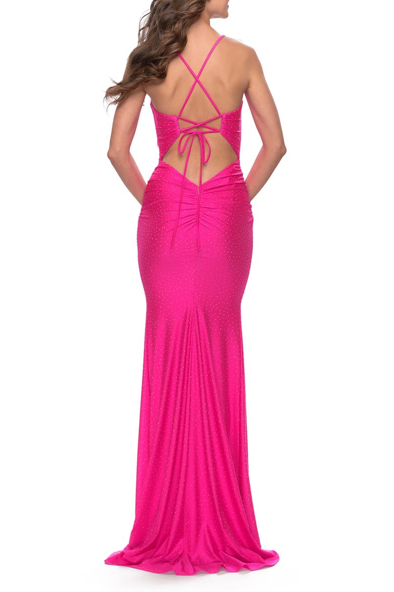 Rhinestone Ruched Jersey Prom Dress with Lace Up Back in Bright Colors, Alternate, color, Neon Pink