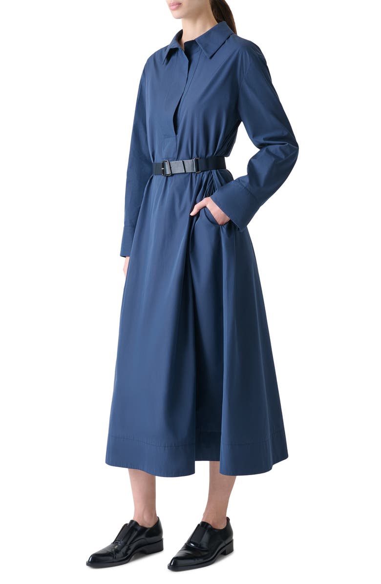 Akris Belted Long Sleeve Cotton & Silk Midi Shirtdress, Alternate, color, Denim Blue
