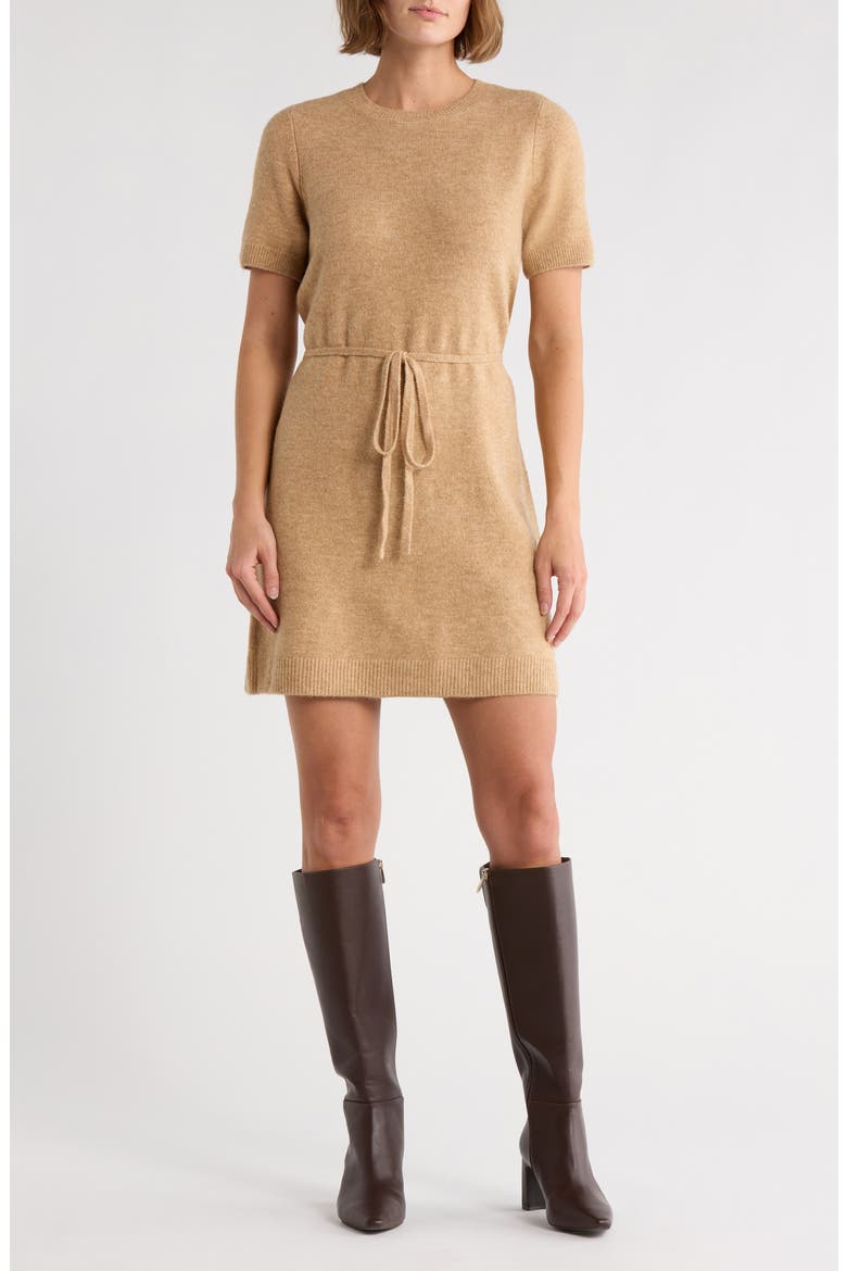 Short Sleeve Tie Waist Sweater Dress, Main, color, LATTE HEATHER