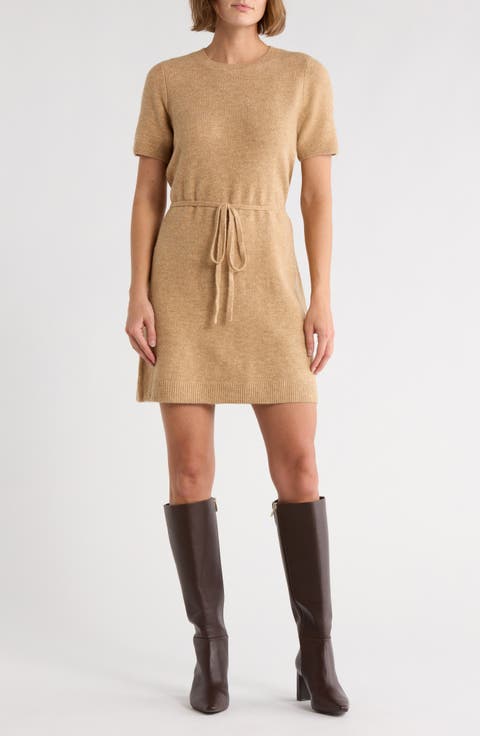 Short Sleeve Tie Waist Sweater Dress