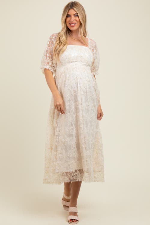 Pinkblush Floral Mesh Overlay Tie Back Midi Dress In Neutral
