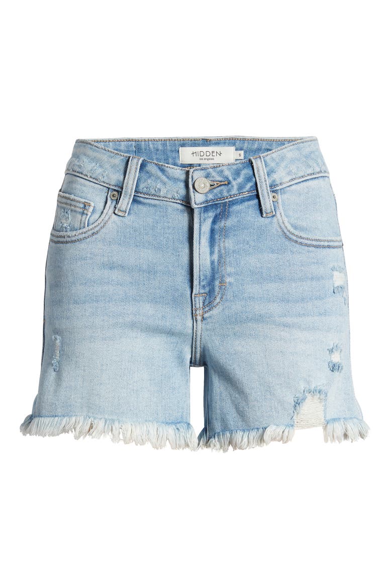 Frayed Low Rise Denim Shorts, Alternate, color, MEDIUM WASH