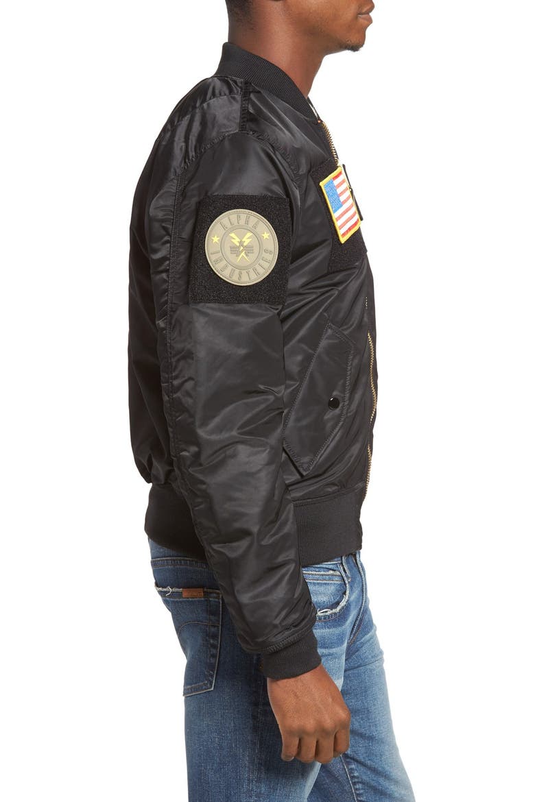 Slim Fit Reversible MA-1 Flex Bomber Jacket, Alternate, color, BLACK