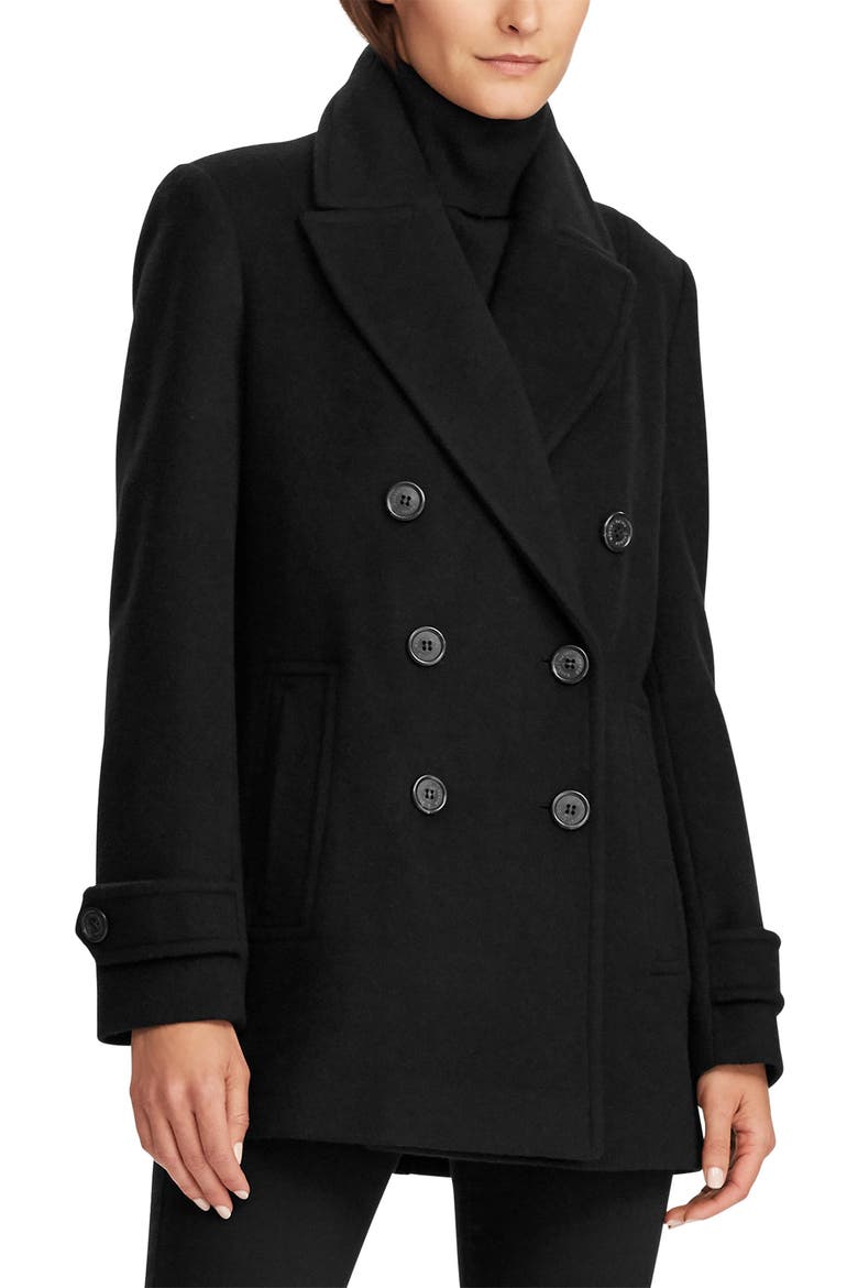 Double Breasted Wool Blend Peacoat, Main, color, BLACK