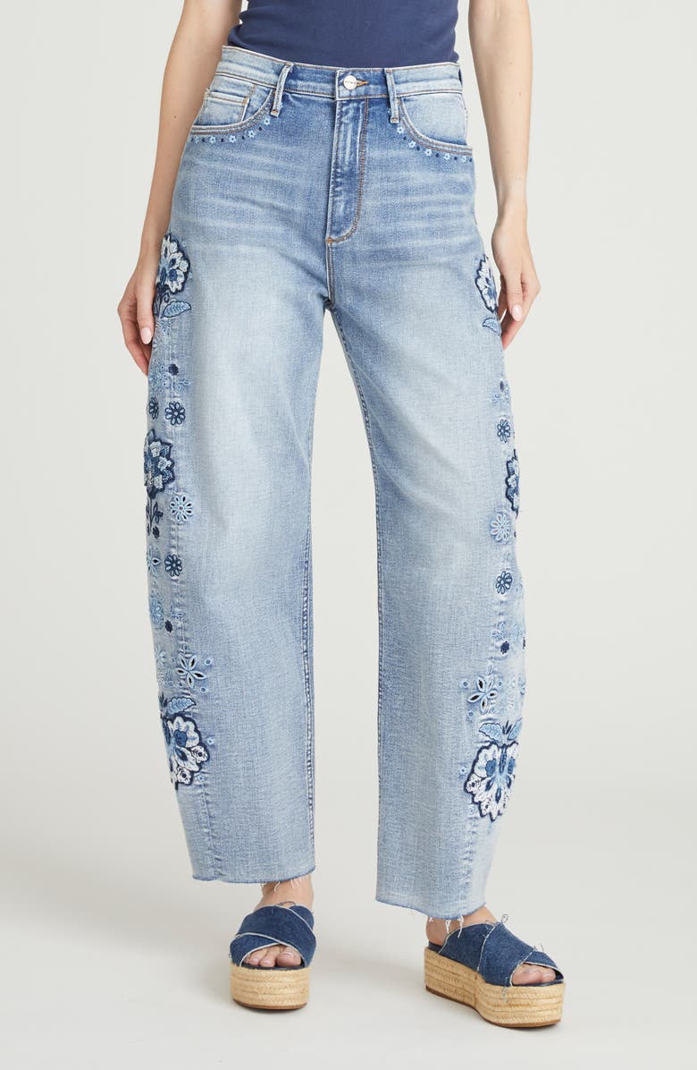 Driftwood Parker Raw Hem Barrel Leg Jeans, Main, color, Medium Wash
