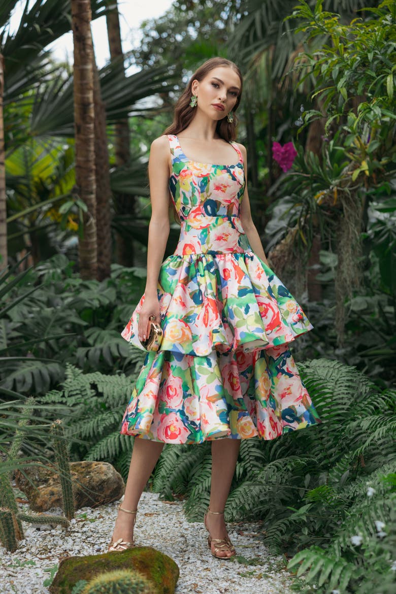 Floral Mikado Sleeveless Ruffle Midi Dress, Alternate, color, Blue Multi