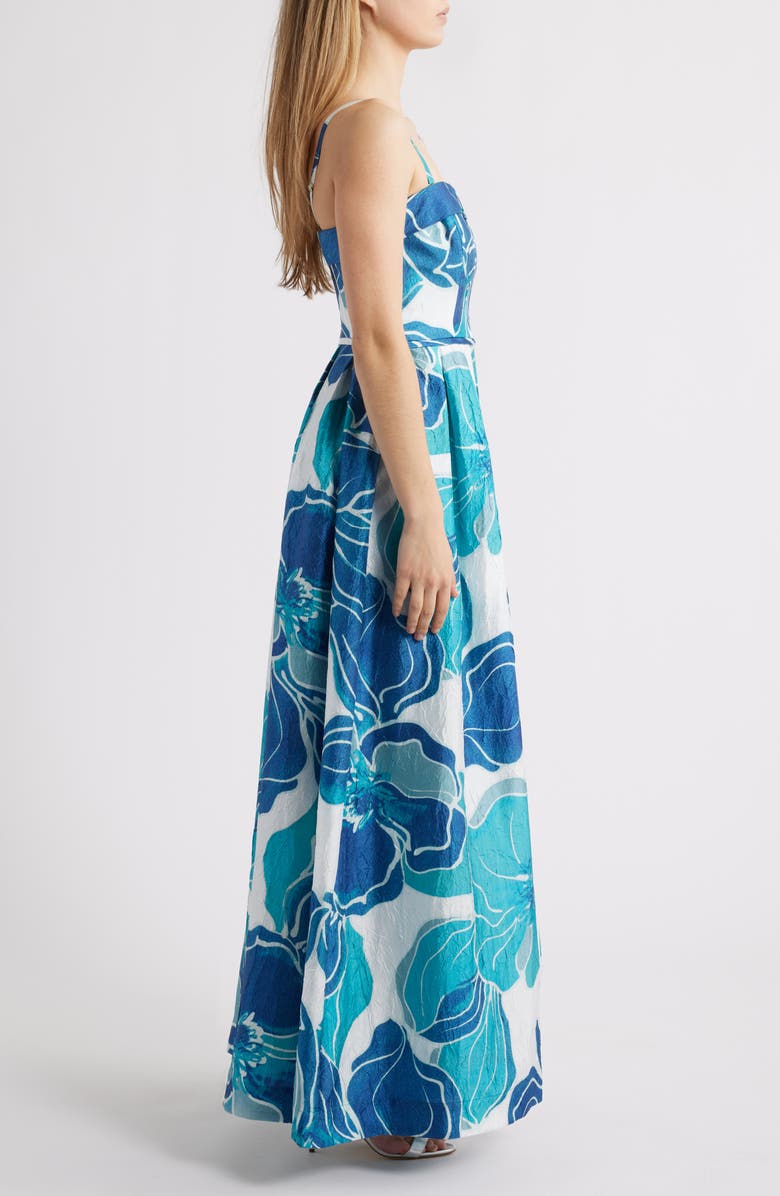 Tahari ASL Floral Crinkled Satin Gown, Alternate, color, Teal Navy